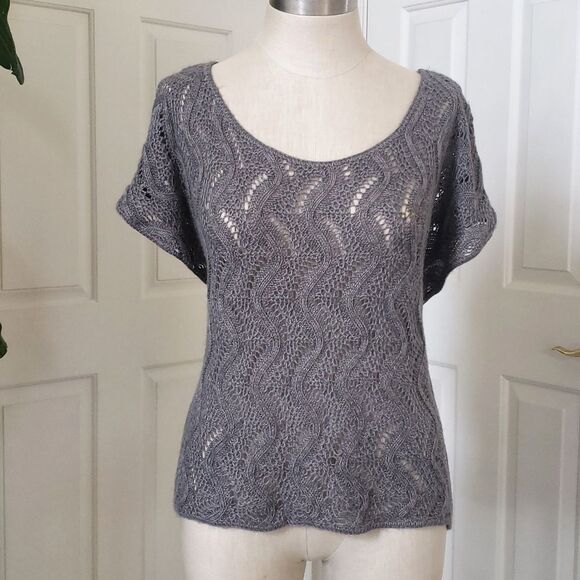 🔴 MOSSIMO Gray Crochet Open Knit Top Boxy Fit Dolman Short Sleeves - Picture 1 of 11